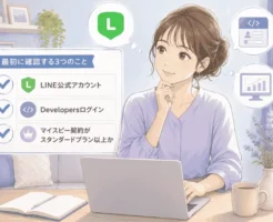 マイスピーとLINE公式アカウントを連携する前に、Developersログインや契約プランを確認している画像