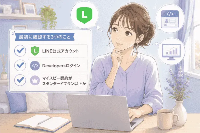 マイスピーとLINE公式アカウントを連携する前に、Developersログインや契約プランを確認している画像