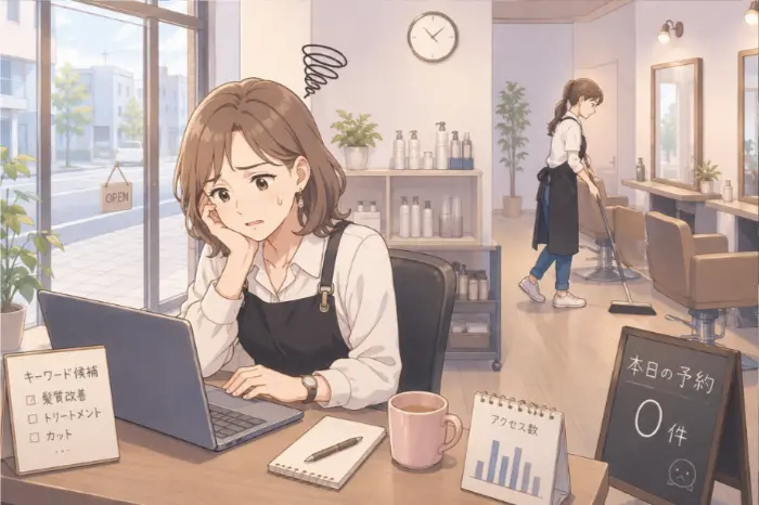 美容室オーナーが予約につながる美容室のSEOキーワード選定に悩みながらアクセス改善を考えている画像