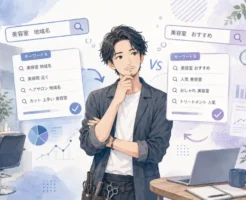 美容室のSEOキーワードの選び方として、美容室SEOの比較キーワードを検索ボリュームや成約期待値で比較している画像