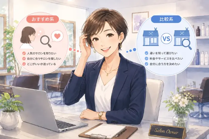美容室 SEOの比較キーワードとして、おすすめ系と比較系の検索意図の違いや予約導線の考え方を解説している画像