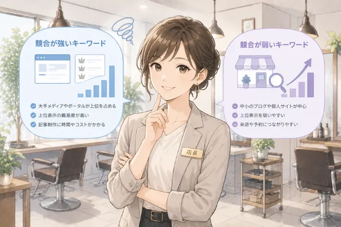 美容室のSEOキーワードの選び方として、比較キーワードの検索需要と競合性を評価する方法を解説している画像
