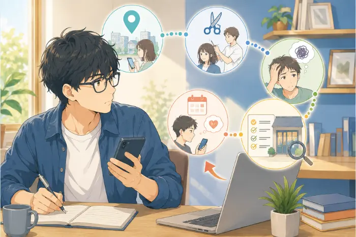 美容室のSEOで検索意図をもとに、地域や施術、悩み、不安から予約にされやすいキーワードを見分ける画像