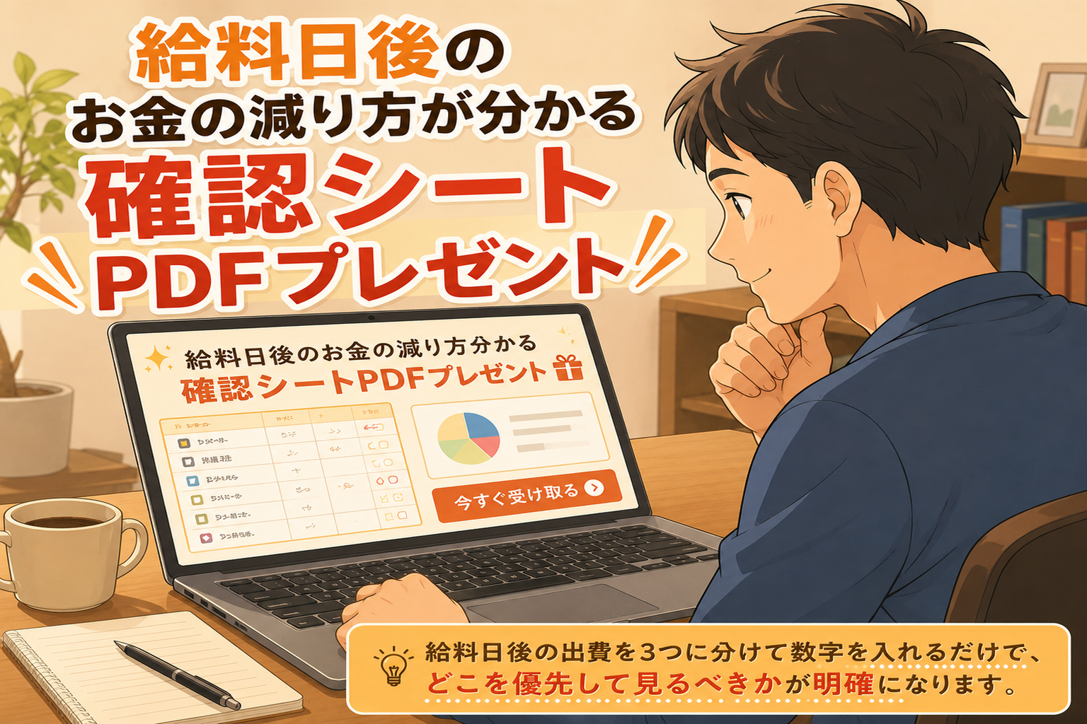 ノートパソコンで確認シートPDFのタイトルを見て安心した表情をする男性と、画面上に大きく表示された『給料日後のお金の減り方が分かる確認シートPDFプレゼント』の日本語テキストがある画像
