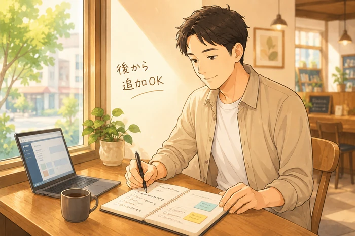 今は1本でも後から無料プレゼント用や講座用を追加できると確認して安心する男性の画像