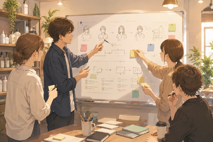 スタッフがホワイトボードに来店シーンや短時間メニューの流れを図解して大手ポータルと違う自店の見せ方を作っているイラスト画像
