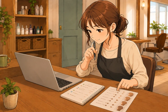 美容師がパソコンとメモで施術名ではなくお客様の困りごとを比較している画像