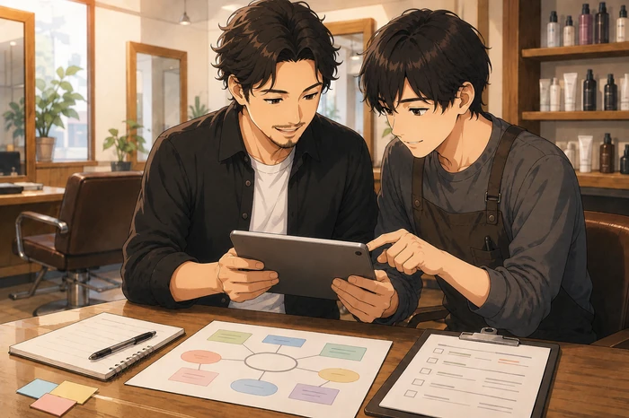 男性スタイリストとスタッフがタブレットを使ってお客様が検索しそうな悩み語を確認している画像