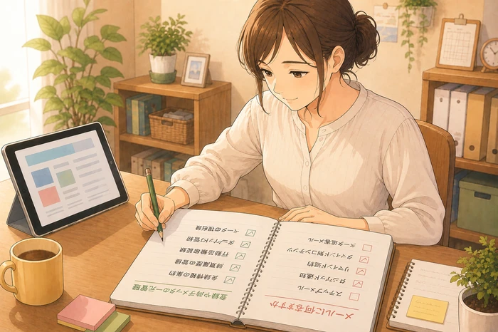 「メールに何を足すか」と「登録や購入データをどこまで一元管理するか」を見開きのチェックリストで書き込みながら確認する女性の場面画像