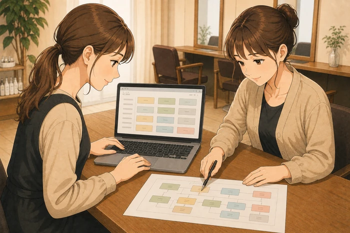 美容室スタッフが地域名や施術名を含めたサイト全体の言葉選びを一覧で確認している画像