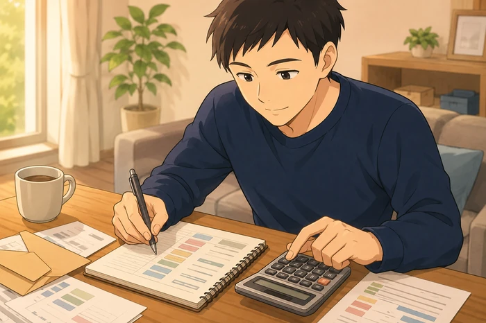 ノートに家賃や固定費を書き出し、給料から差し引いた残りを電卓で確認している男性の画像