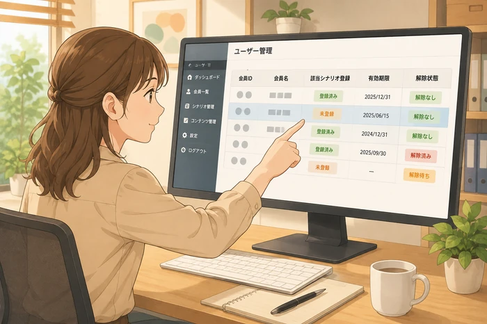 管理者がユーザー管理画面で会員の該当シナリオ登録、有効期限、解除状態を確認している様子のイラスト画像