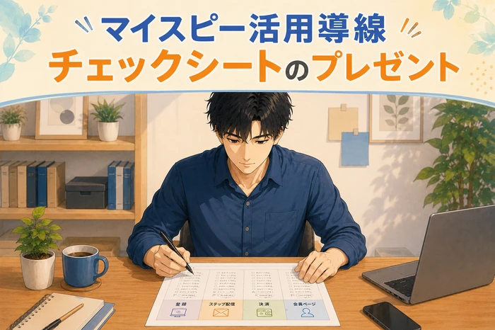 チェックシートを開いて今の導線(登録・配信・決済・会員ページ)を項目ごとに書き込みながら見直している人物の場面を描いた画像