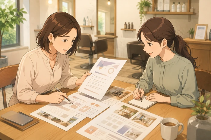 サロンオーナーが受け取ったチェックPDFを広げ、現在のページのプリントと並べて照らし合わせている様子のイラスト画像
