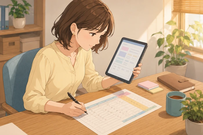 タブレットでチェックシートPDFを表示し、印刷したシートに作成本数等を記入する女性担当者のアニメ調イラスト画像