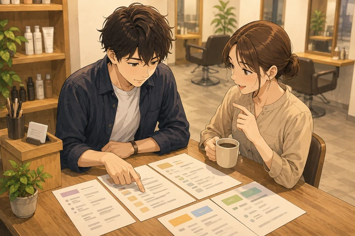 スタイリストがメンズカットと合わせて狙う清潔感やくせ毛などの不安ワードをプリントで比較している画像