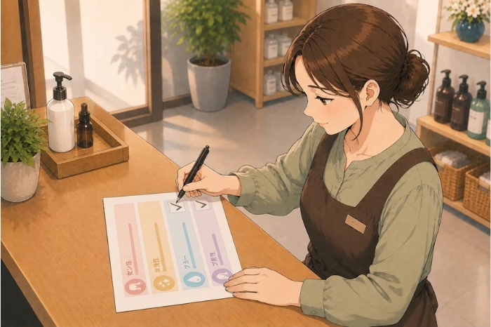 女性スタッフが白髪ぼかしで狙うべき悩み(根元、明るさ、ダメージ等)をチェックリストで絞り込んでいる画像
