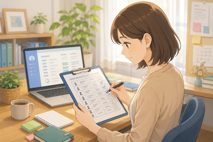 コミュニティ運営者が参加者名簿の用紙で支払い状況や参加プランにチェックを入れて確認している場面を描いた画像