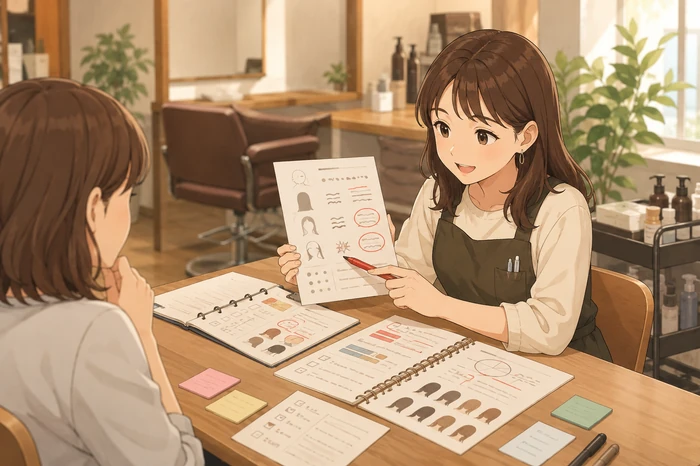 女性スタイリストが実際の相談カルテ風の紙を見て、広がりやダメージなど来客の悩みの傾向を確認している様子の画像