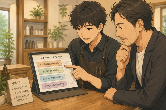 男性スタッフとオーナーがタブレットを見ながら『くせ毛の相談を予約する』のような予約文言を検討している画像
