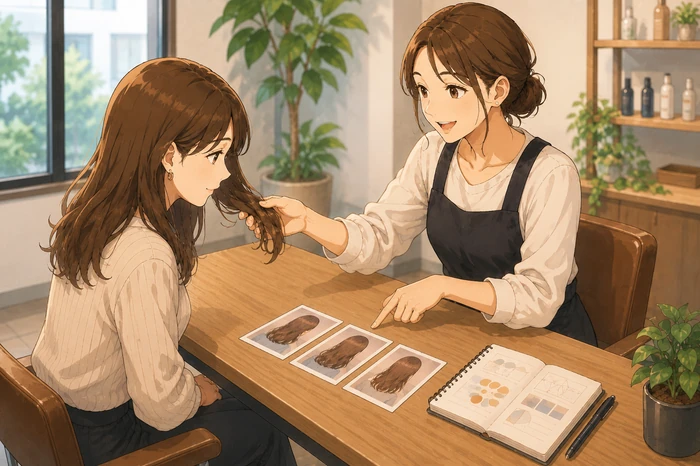 美容師が来店理由を聞きながら今の髪と仕上がり希望を照らし合わせる相談風景の画像