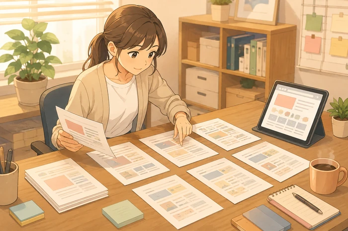 机上で原稿を複製して並べ、予約とプレビューの違いを確認する女性運用担当者のアニメ調イラスト画像