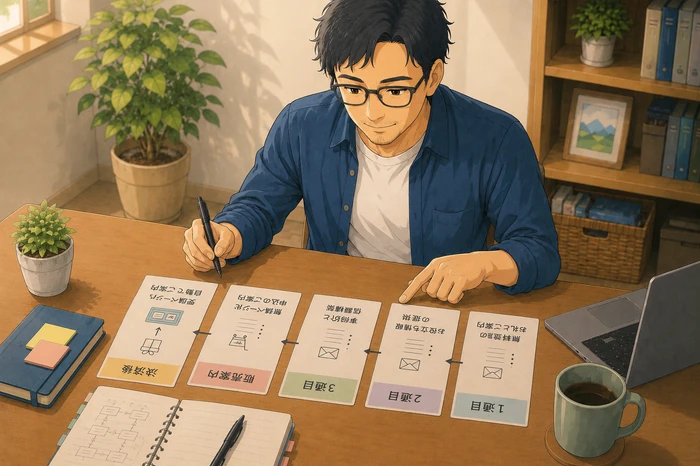 講座販売をする人が無料登録から販売案内までのステップメールの流れを紙に日付順で並べて設計している場面を描いた画像