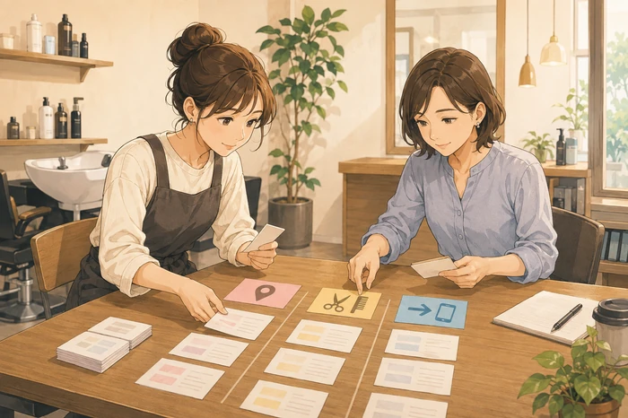女性オーナーとスタッフが基準を示すアイコン付き付箋を並べてキーワードを仕分けしている美容室の画像