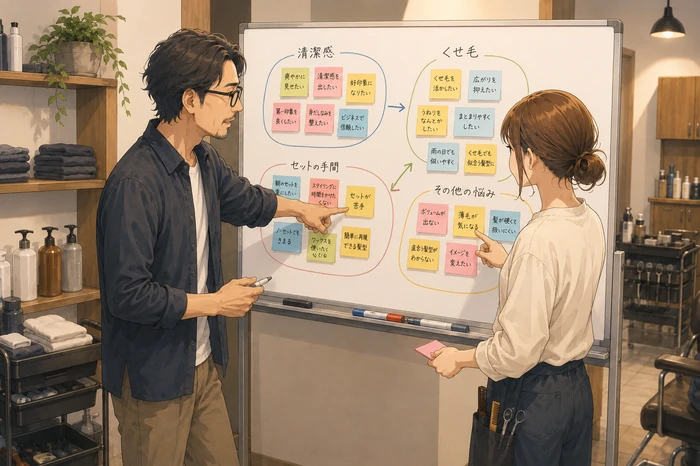 オーナーとスタイリストがメンズカットで狙う顧客の悩みをホワイトボードに分類している画像