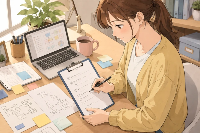 読者数や配信頻度、シナリオ分けをクリップボードに書き出す女性の作業画像