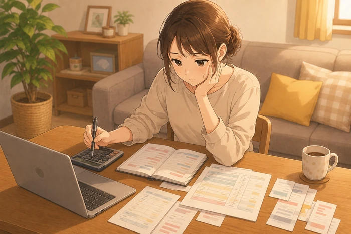 家計簿と電卓を前に、固定の返済や手取りの少なさを確認している女性の画像