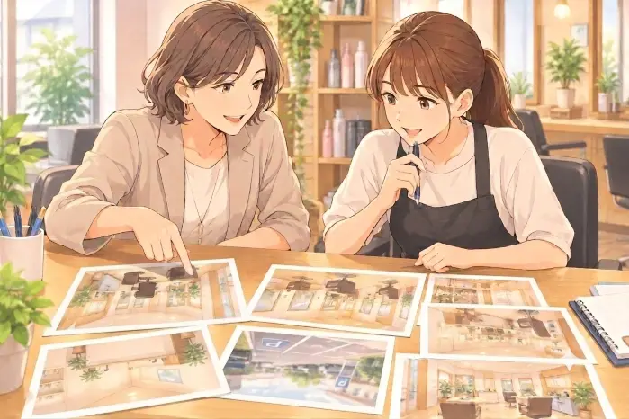 スタッフとオーナーが店内写真を並べてどれが通いやすさや安心感を伝えるか選んでいるイラスト画像
