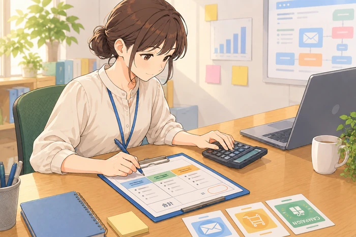 クリップボードに作成本数・同時予約・分割テストの欄を記入して合計を出す女性担当者のアニメ調イラスト画像