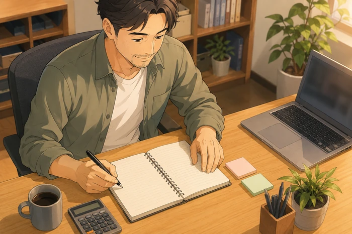 事業者がノートに今すぐ払う部分と後で足す部分を分けて書き出している画像