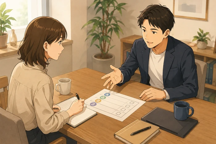 オーナーとアドバイザーがテーブルで配信・リスト・販売・拡張の優先度を話し合っている画像