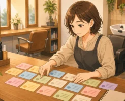 サロンオーナーが白髪ぼかしの予約前の迷い(根元が気になる、自然に見せたい、ダメージが心配)を示すカードを並べて整理している画像