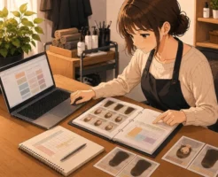 美容室のオーナーがバックオフィスの机でPCと施術メモを確認し、縮毛矯正を専門ページにする材料を検討している画像
