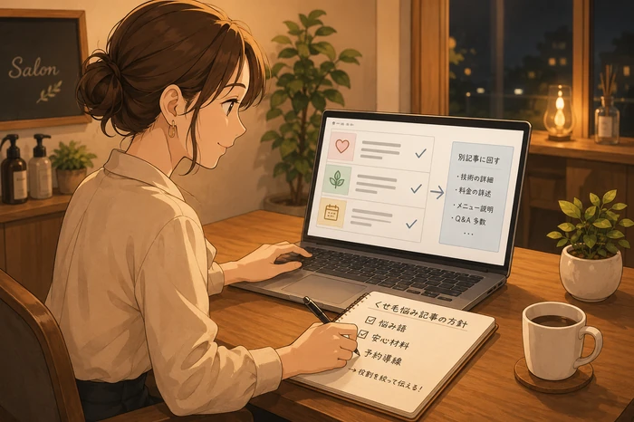 女性サロンオーナーがノートパソコンで不要な技術説明を省き、悩み語と予約導線に絞るかを決めている画像