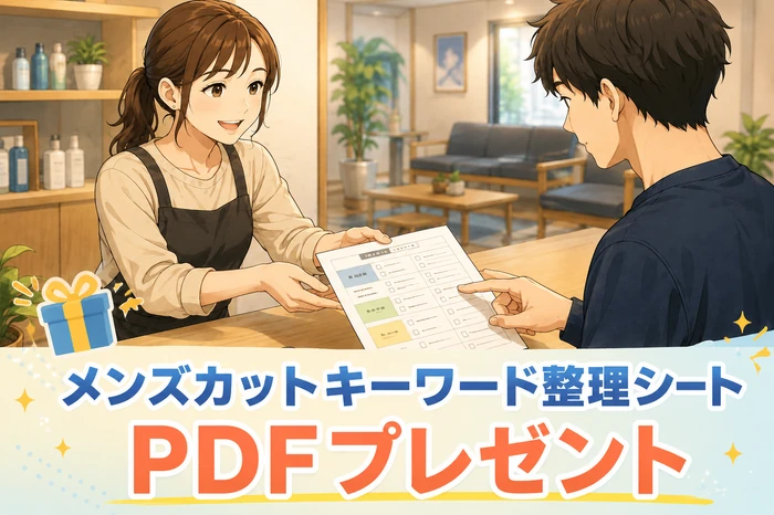 受付スタッフが来店者にメンズカット用のキーワード整理シートを手渡している画像