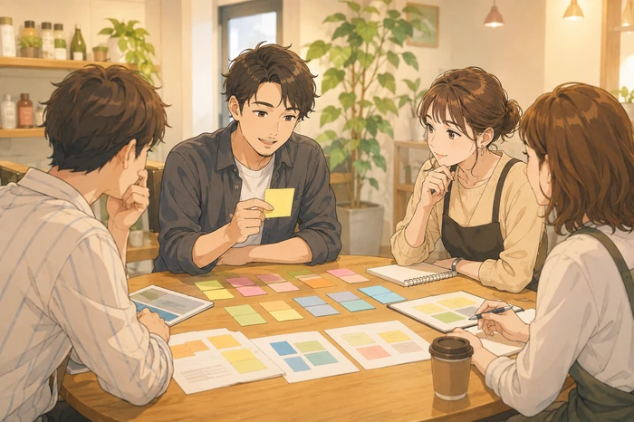 スタッフ数名が選んだ集客入口（施術名・地域・悩み）を付箋で整理して、今後のコンテンツ方針を決める美容室の打ち合わせの画像
