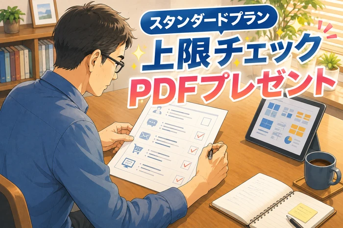スタンダードプラン上限チェックPDFを印刷してチェック項目を埋める男性の手元画像