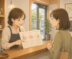 地域密着の美容室で、受付スタッフが初回来店の流れを示すリーフレットをカウンターに置いて説明する様子のイラスト画像