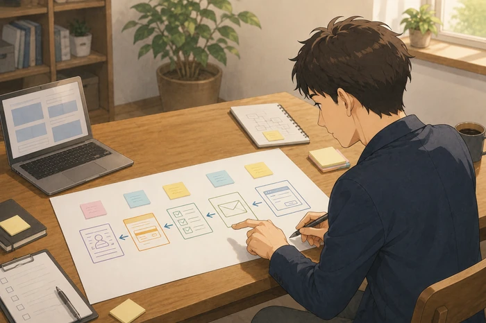 事業者が大きな紙に登録から購入後までの導線をフローチャートで書き出している場面を描いた画像