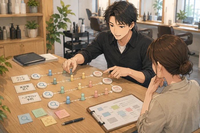 男性スタッフが来店までの動線を小さなトークンで示し、キーワードごとの距離を測っている美容室の画像