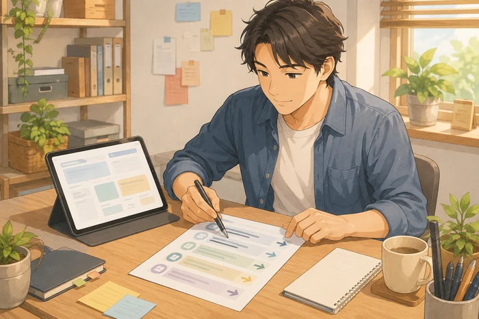作り方の詳細ページや設定方法のリンク一覧をまとめた紙やタブレットを見て、どの手順を先に学ぶか決める制作者の画像