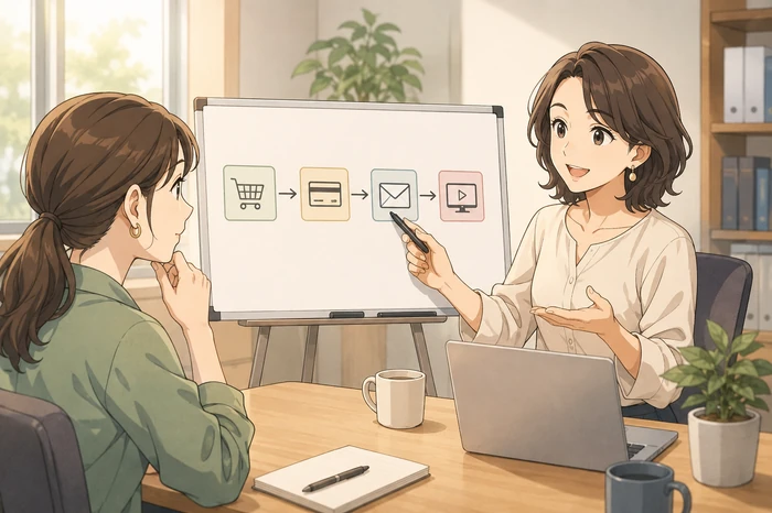 販売から決済後、会員ページへ誘導する導線図を前に解説する制作者の画像