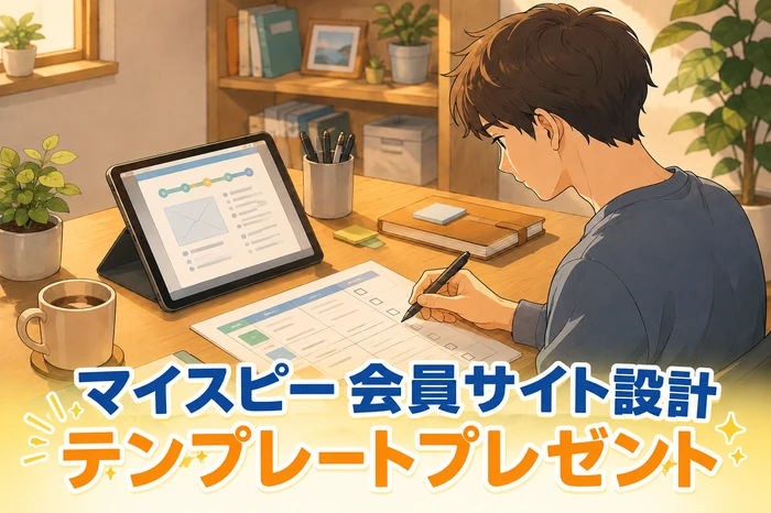 マイスピー 会員サイトの設計テンプレートPDFを開き、シナリオごとに公開ページや案内メールをメモしている制作者の画像