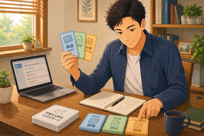 動画講座やPDF、月額コンテンツなどの提供形式をカードで比較し、会員サイトの採用を判断する制作者の画像
