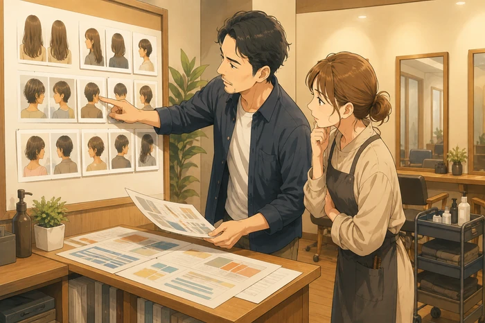 男性オーナーが壁に貼った自店の施術写真と候補キーワードを対比して確認している美容室の画像