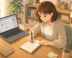 個人事業主がノートPCとメモを前に配信・リスト・販売・拡張の最小構成を決めている画像